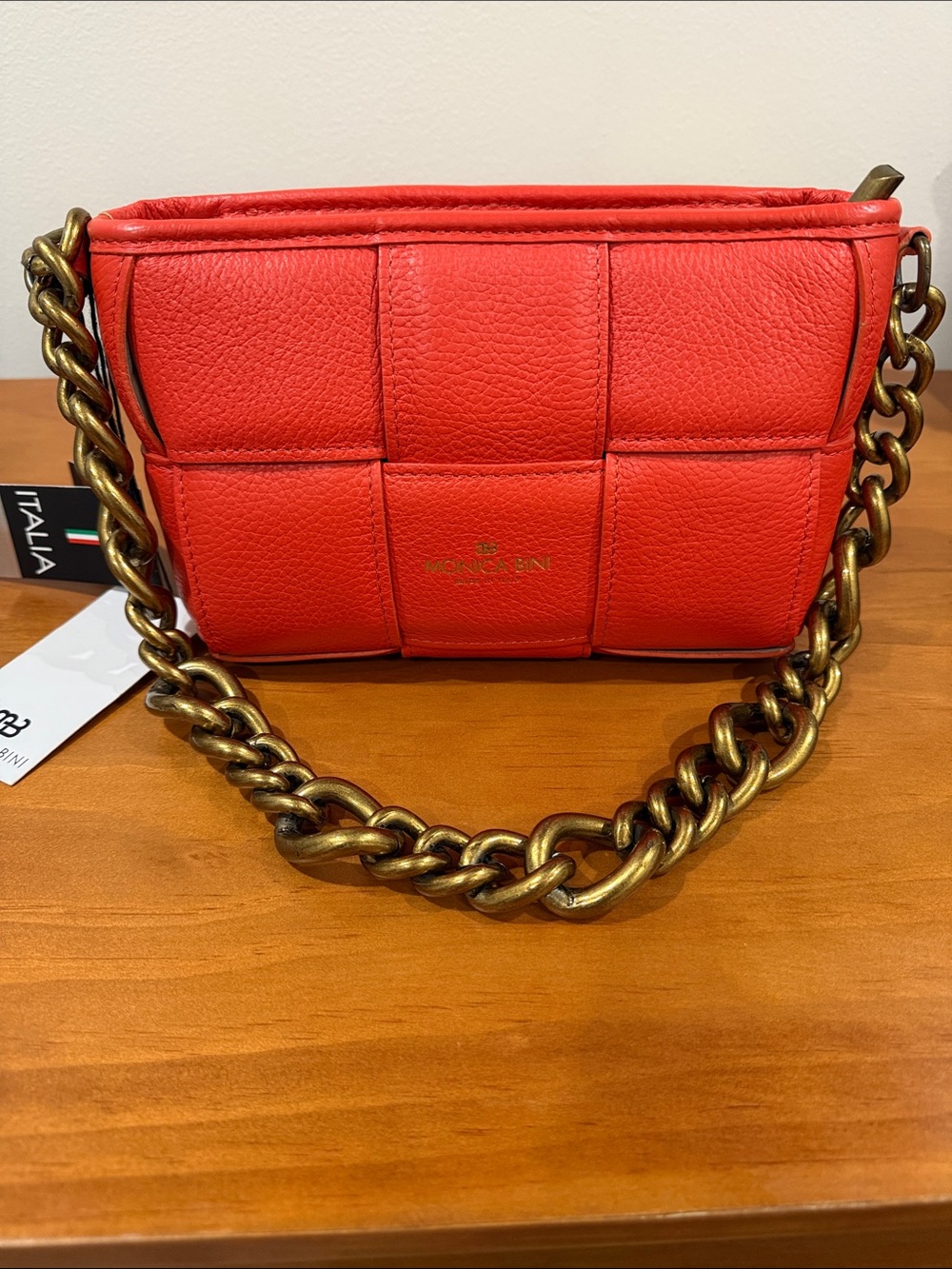 Red Orange Padded Leather Satchel with Chunky Chain Strap